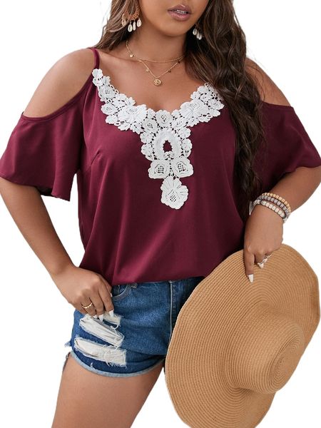 

plus contrast guipure lace cold shoulder blouse v8zc#, Black