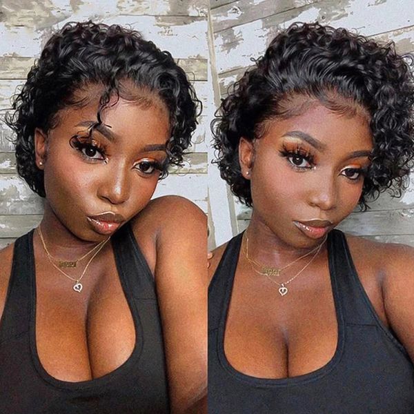 

13x1 Curly Lace Front Wigs Pixie Cut Human Hair Short Bob Lace Closure Wig Pre Plucked for Black Women, Natural black color