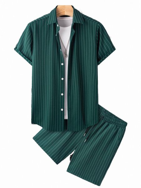 

men vertical striped shirt & drawstring waist shorts without tee 04xc#, Gray