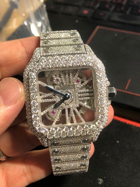 Iced Out-Uhr, Diamant-Designer, individuelle Skelett-Silber-Moissanit-Diamantuhr, geprüftes Quarzwerk, Top-Herren-Luxusuhr mit vollständig gefrorenem Saphir, mit Box YC