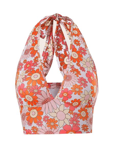 

allover floral print halter c6xp#, White