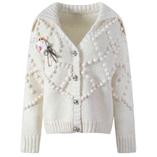 

women's knits tees autumn and winter three-dimensional wool ball flower sweater lapel single breasted cardigan age reducing loose o4in, White