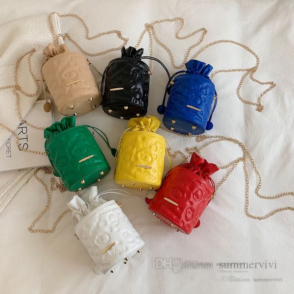 

ins kids cartoon letter embossings handbags girls metals chain messenger bucket bags children drawstring one-shoulder bag q7849, Black