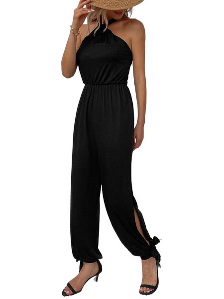 

split side knot hem tie backless halter jumpsuit n22z#, Black;white