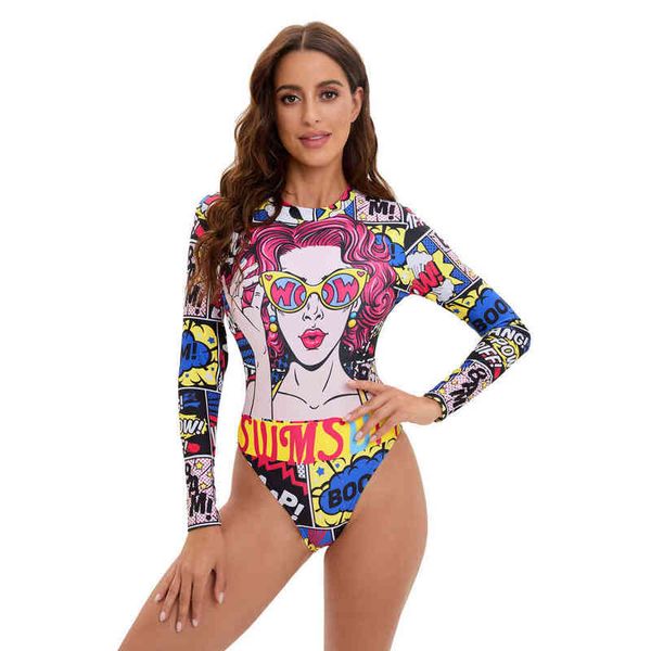 

one-piece long 2022 sleeve swimsuit sunscreen print, White;black