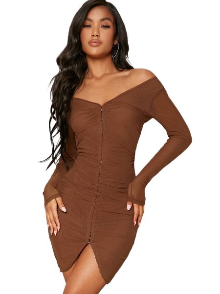 

off shoulder hook and eye ruched mesh bodycon dress u46m#, Black;gray