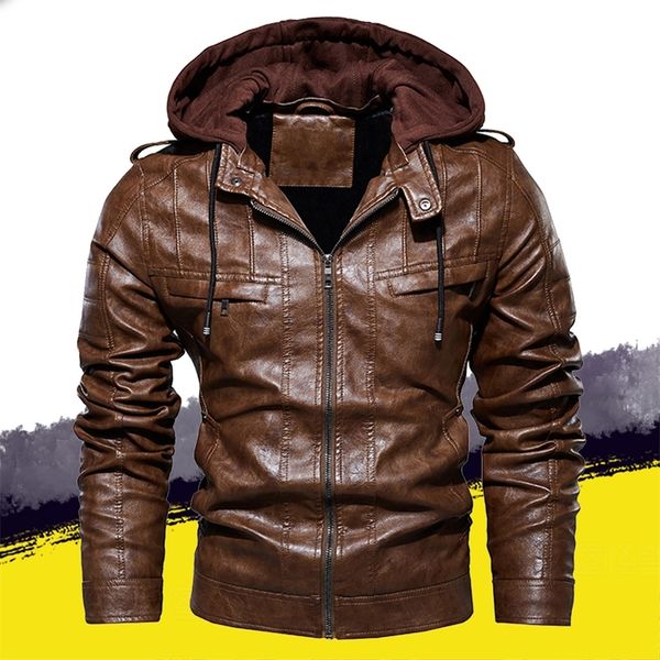 Herren Lederjacke Reißverschluss Kapuzenjacke Männer Wintermantel Slim Motorradjacke Mode Kleidung Outwear Plus Größe 4XL 201128