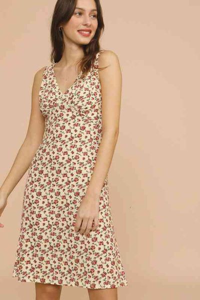 

casual dresses french pastoral small floral v-neck sleeveless waist closing sweet dress for women, Black;gray
