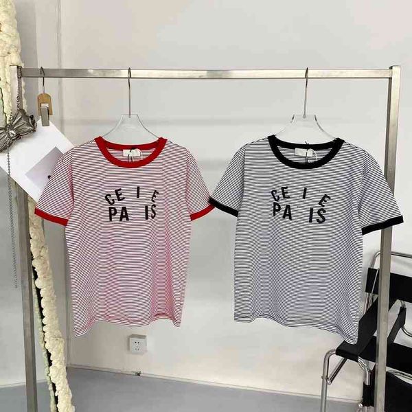 

factory direct sales 58% off ce home 2022 spring and summer new red stripe chest flocking english letters regular round neck short sleeve t-, White