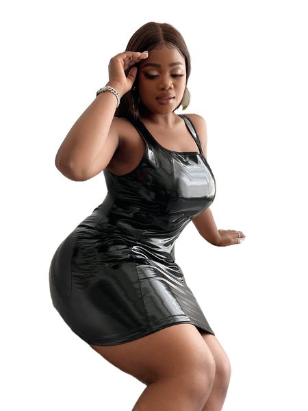 

sxy plus pu zipper back tank bodycon dress i3gx#, Black