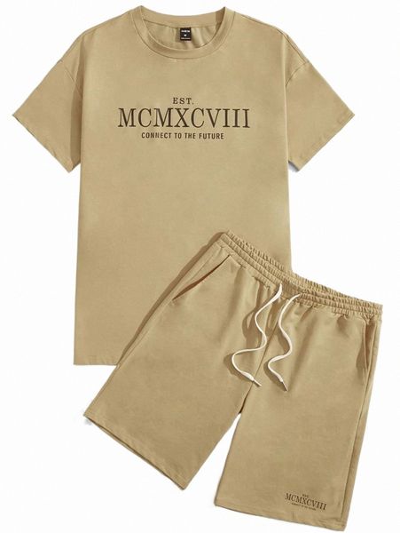 

men slogan graphic tee & drawstring waist shorts y5jl#, Gray