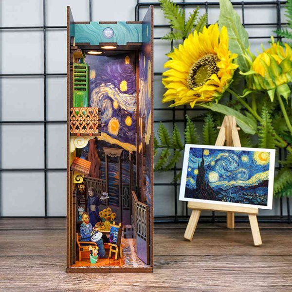 Kitap Nook Diy Ahşap Van Gogh'un Dünya Kitaplık Kitleri Minyatür Mobilya Kitaplık Model Oda Kutusu Binası Oyuncak Hediyeleri