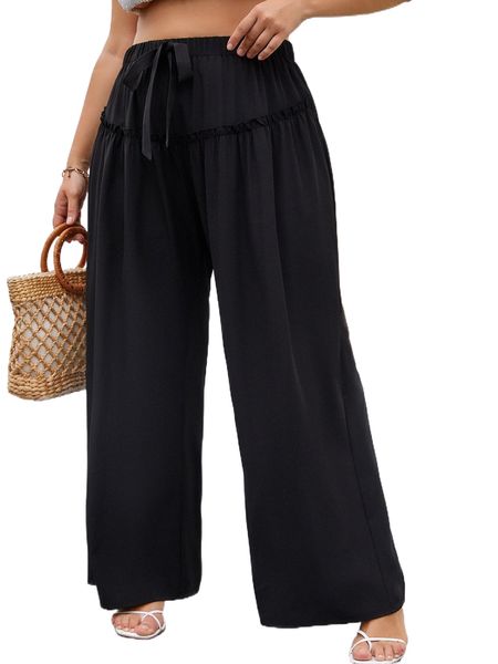 

plus tie front frilled wide leg pants r0lx#, Black