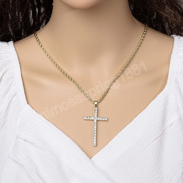 Collana classica con pendente a croce in zircone AAAA per donna Uomo Collana lunga con catena a torsione color oro Regalo di gioielli di alta qualità