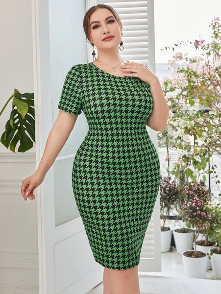 

plus houndstooth print dress 9886#, Black