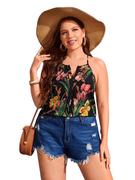 

plus notched neck floral print halter u3wu#, Black