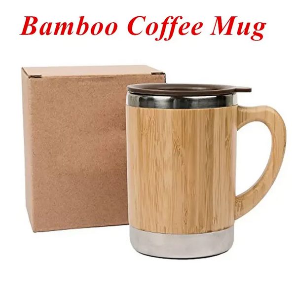 Tazze da caffè in bambù in acciaio inossidabile con manico e coperchi Tazze da caffè da campeggio Tazze da viaggio per tè e caffè isolate ecologiche F0414