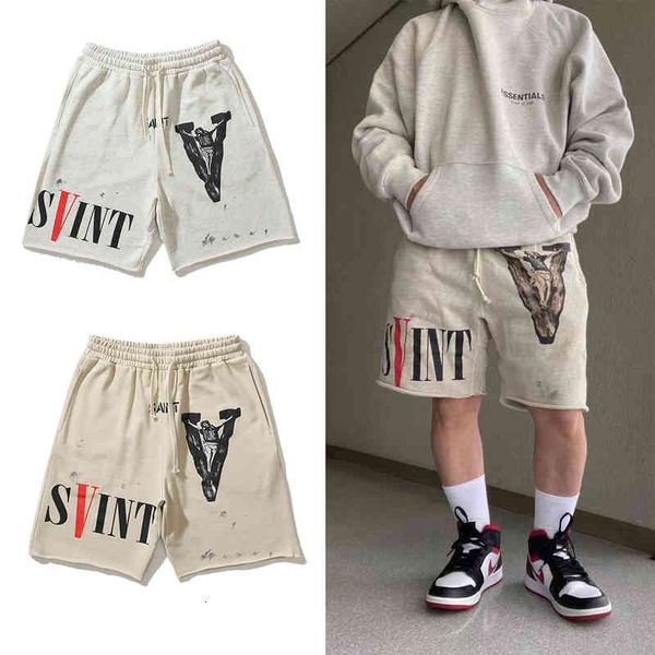 

men's pants ss summer high street graffiti large v printed sweatpants men's and women's hip-hop loose shorts qrbt, Black