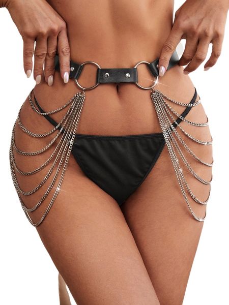 

solid panty with chain decor garter o14n#, Black;red