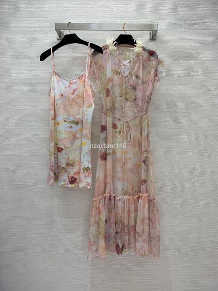 

casual dresses spring and summer silk blend fabric flower print lace up deep v-neck flying sleeve waist closing slim dress long skirt, Black;gray