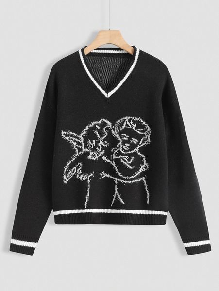 

v neck figure pattern sweater a0bf#, White;black