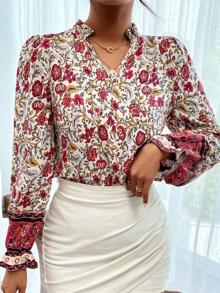 

floral print flounce sleeve blouse h8n9#, White