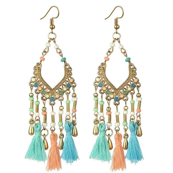 Brincos Fringes das Mulheres Bohemian Hollow Drop Oil Rice Beads Dangle Brincos Feminino Fan-shaped Estilo Étnico Tassel Brinco