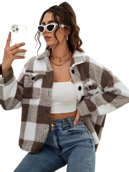 

buffalo plaid print flap pocket teddy coat i3em#, Black