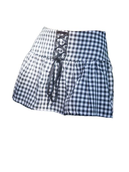 

romwe gingham contrast mesh lace up skirt c4tr#, Black