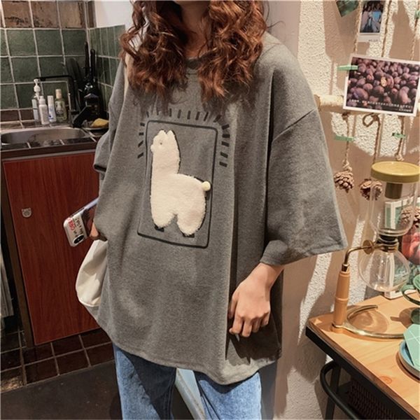 Cartoon Alpaca Animal Impresso Casual Solto Stoperize Estilo Coreano 2020 Verão Manga Curta Mulheres Top Feminino T-shirts 220407