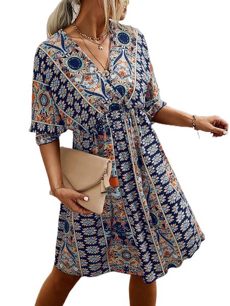 

all over print wrap neck tie back dress o4sz#, Black;gray