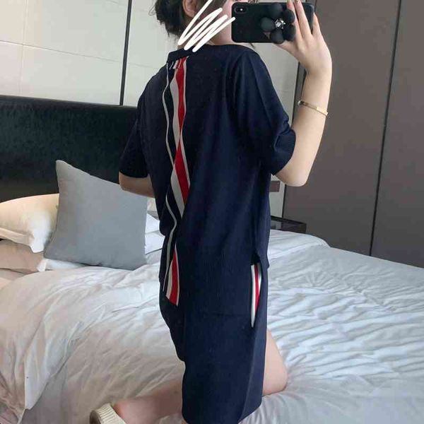 

summer tb knitted ice hemp t shirt short sleeve back red white blue stripe men's and women's college style casual round neck t-shi