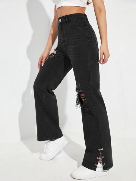 

ripped frayed chain detail boot cut leg jeans l57j#, Blue