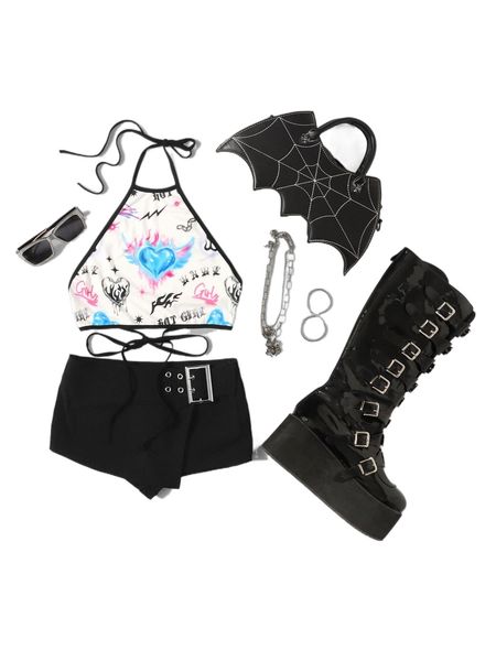 

heart print contrast binding tie front halter n3ff#, White