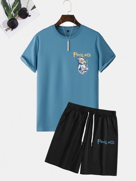 

men bear & letter graphic tee & drawstring waist shorts o1d4#, Gray