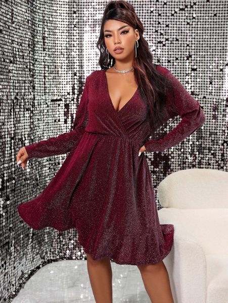 

plus plunging neck ruffle hem glitter dress 22cv#, Black