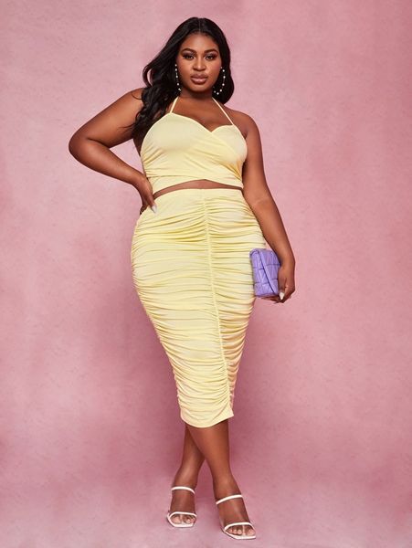 

sxy plus crossover tie backless halter & ruched pencil skirt z7g3#, Black