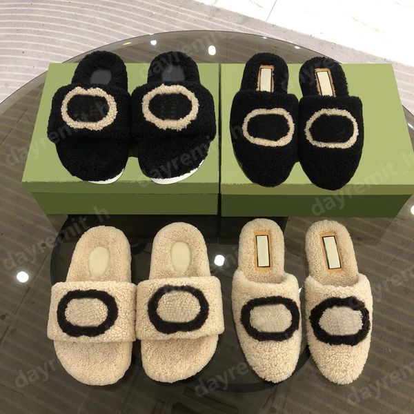 

designer slippers fur slippers ladies wool slipper slides winter fluffy furry warm letters sandals girl flip flop fashion shoes, Black