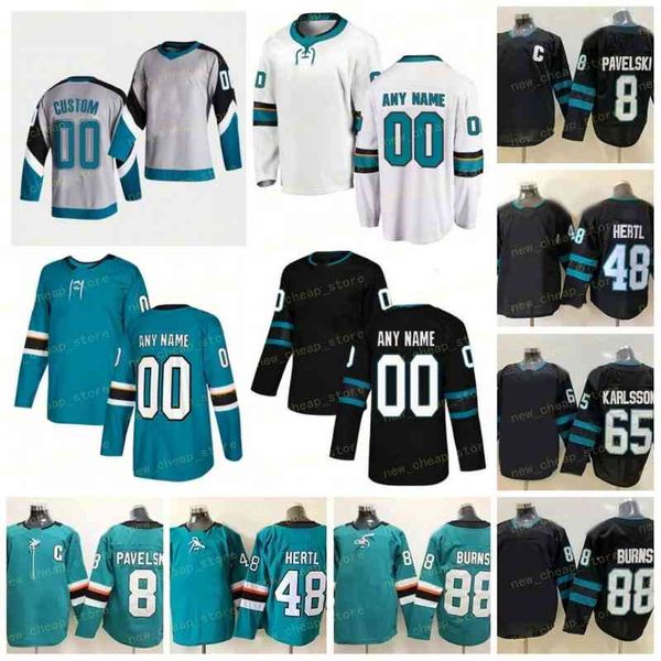

custom men reverse retro 88 brent burns jersey 39 logan couture 48 tomas hertl 65 erik karlsson hockey green white black gray long sleeve te, Black;red