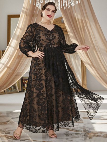 

plus strappy detail lantern sleeve floral mesh dress a9te#, Black
