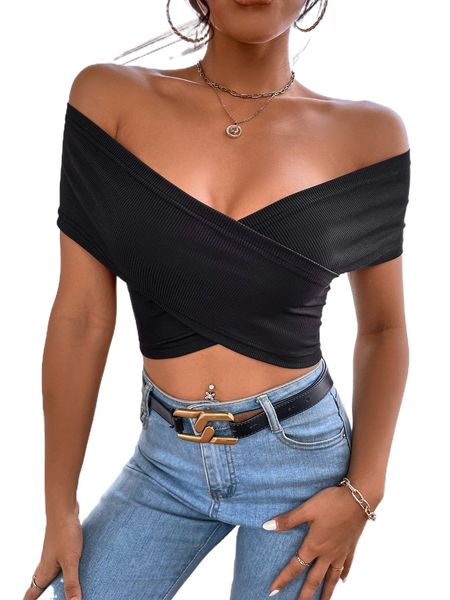 

petite wrap cross off shoulder crop n4pg#, White