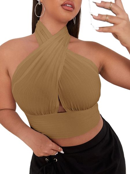 

plus criss cross backless crop halter k72p#, Black