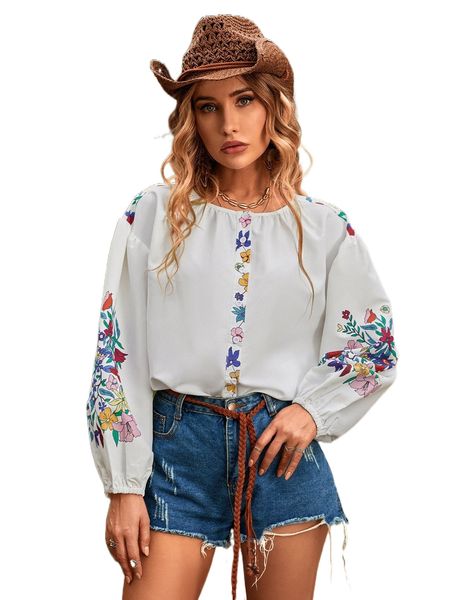 

floral print bishop sleeve blouse 42kj#, White
