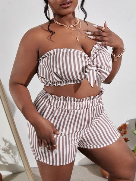 

sxy plus vertical striped knot front tube & paper bag waist shorts 44cn#, Black