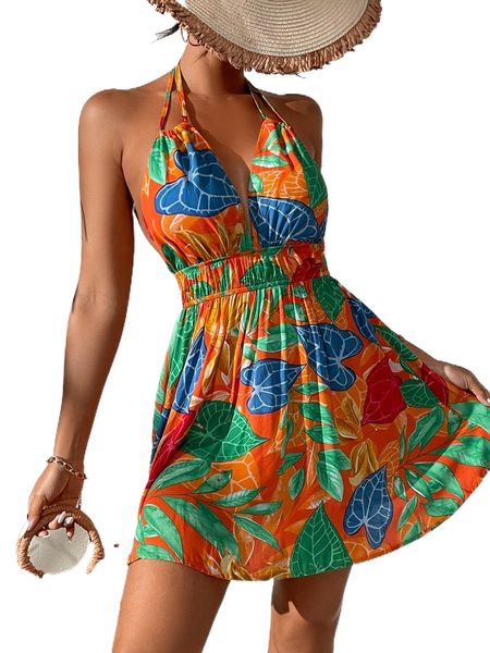 

tropical print backless halter dress l7u2#, Black;gray