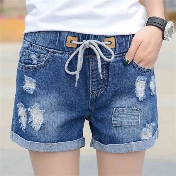 

fashion spring and summer casual mid-waist shorts women denim shorts elastic waist jeans flanging female short 210331, White;black