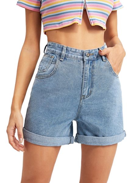 

turn up hem solid denim shorts e2it#, White;black