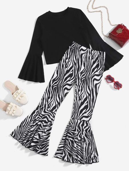 

girls flounce sleeve tee & zebra striped flare leg pants she, White