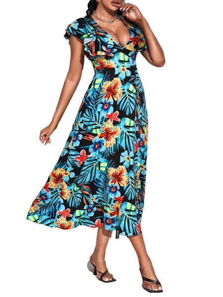 

sxy tropical print butterfly sleeve dress q6bp#, Black;gray