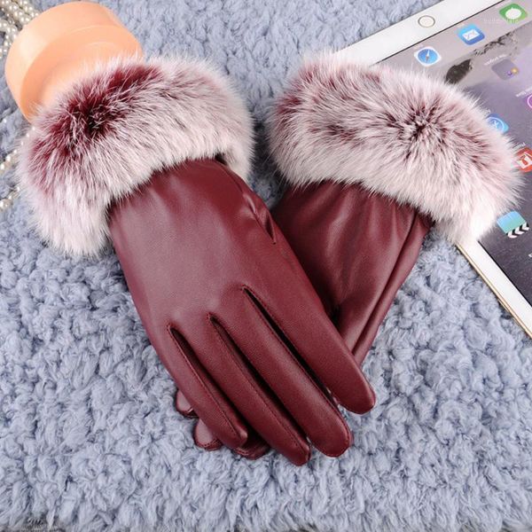 Fünf Finger Handschuhe Frauen Schwarz Leder Herbst Winter Warme Pelz Dame Elegante Mädchen Marke Fäustlinge Freie Größe Weibliche 2022